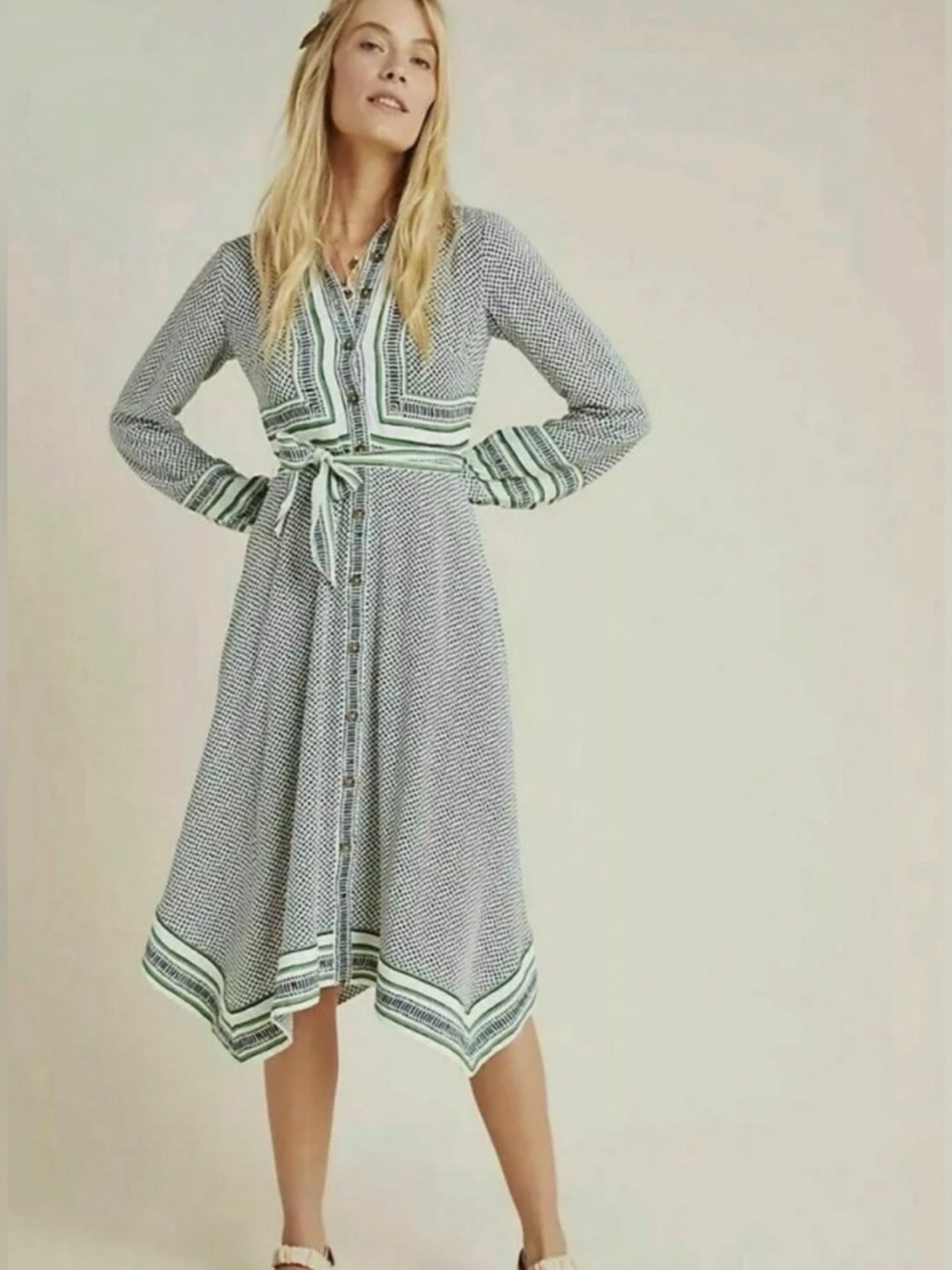 Anthropologie Patterned Button-Front Handkerchief Hem Dress